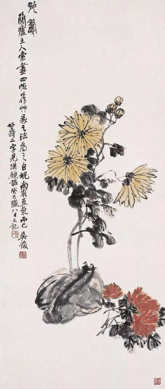 国画大师吴昌硕画的花卉菊花有种古朴的美
