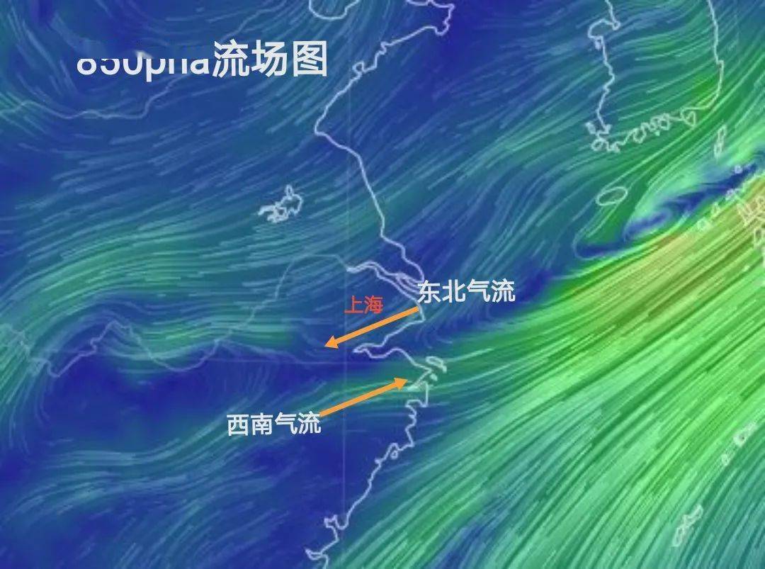 ( 低层东北气流与西南气流之间存在风向切变)