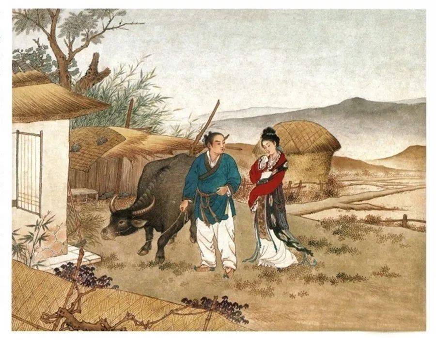 织女跟随牛郎来到人间,由老牛做媒证,终于与牛郎结为夫妻.