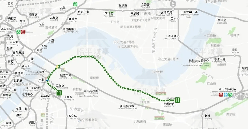 于民祥路站,终至垦辉六路站,主要沿民祥路,纬二路,水博大道,钱江二路