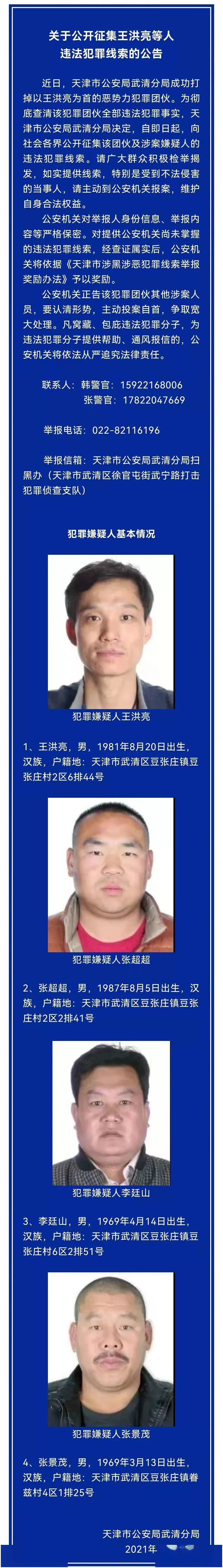 近日,天津市公安局武清分局成功打掉以王洪亮为首的恶势力犯罪团伙