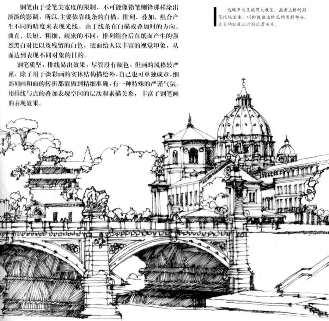 远眺罗马圣彼得大教堂, 画面上桥的用笔比较浓重,以排线画出桥孔的