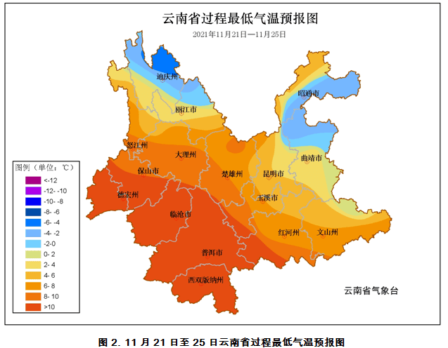 昭通东部和南部,曲靖北部,迪庆北部最低气温将低于0,曲靖南部,昆明