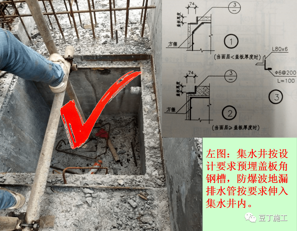 (2)防爆波地漏是否按图安装到位,地漏标高是否低于地平5mm~10mm,地漏