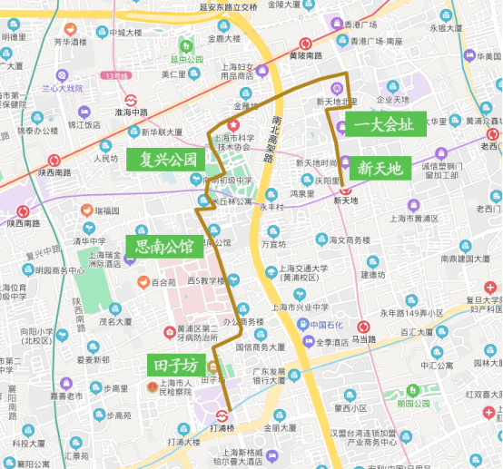 徒步路线图:新天地地铁站——新天地石库门——一大会址——复兴公园