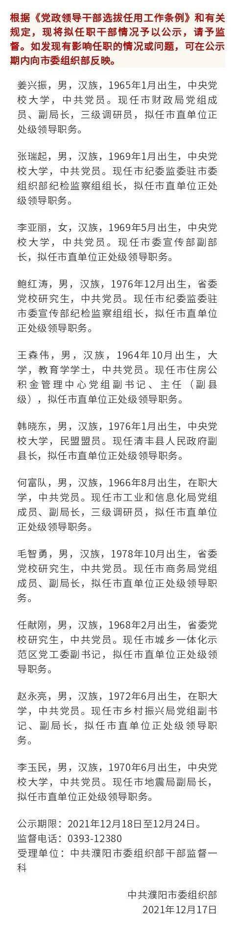 濮阳市11名干部拟任新职