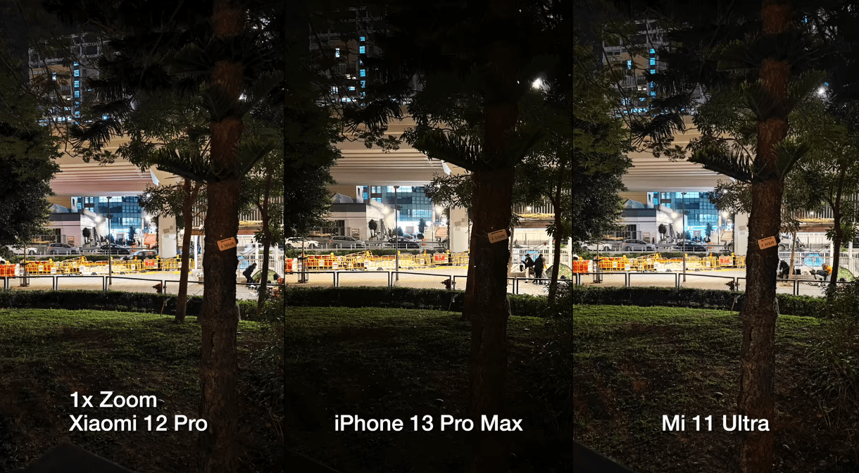 夜景2倍变焦对比,三款手机中画面最亮的是iphone13promax,但是高光