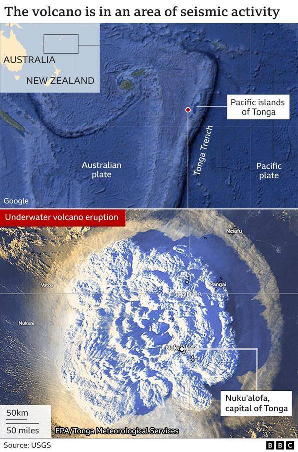 汤加火山喷发前后的卫星图片感觉火山口所在的岛屿似乎从地图上"消失"