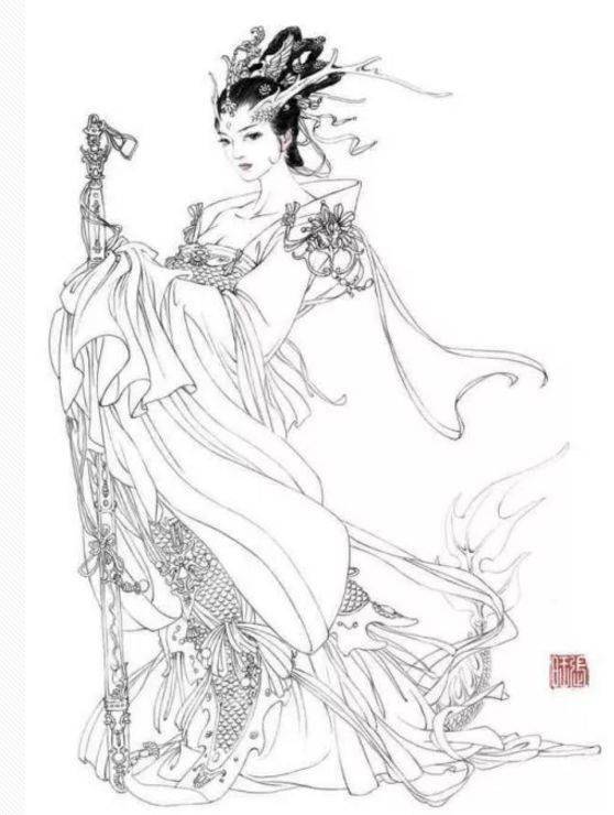 黑白线稿古风美人白描线稿素材附人物五官画法