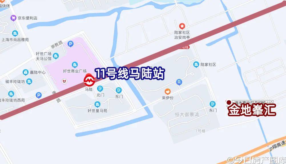 金地峯汇,直线约600米外有轨交11号线马陆地铁站.