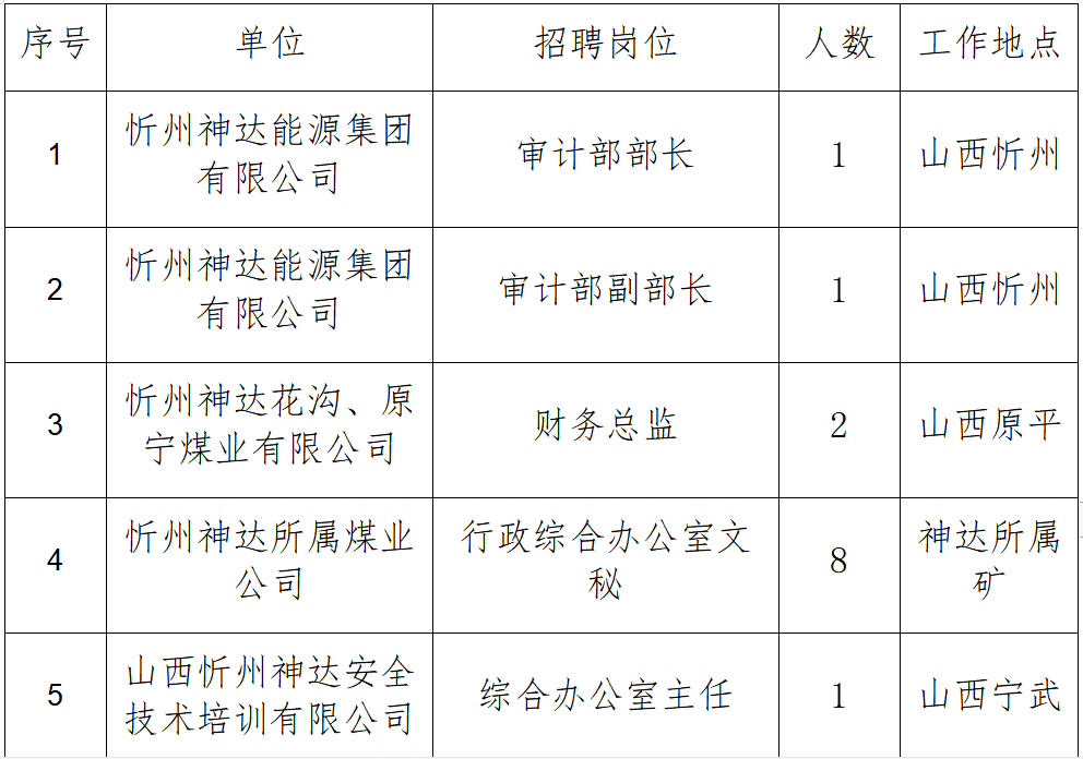 山西忻州神达能源集团公开招聘公告|附职位表_单位_全国_公司