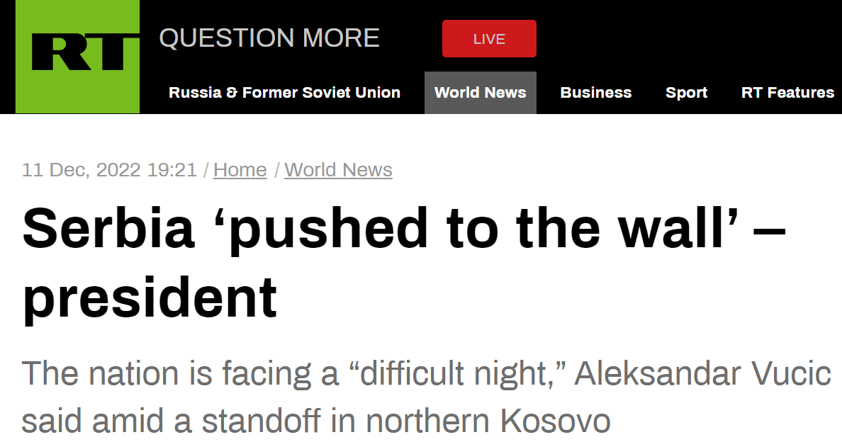 科索沃紧张局势加剧，武契奇称塞尔维亚“被逼到墙边”，面临“艰难的夜晚”