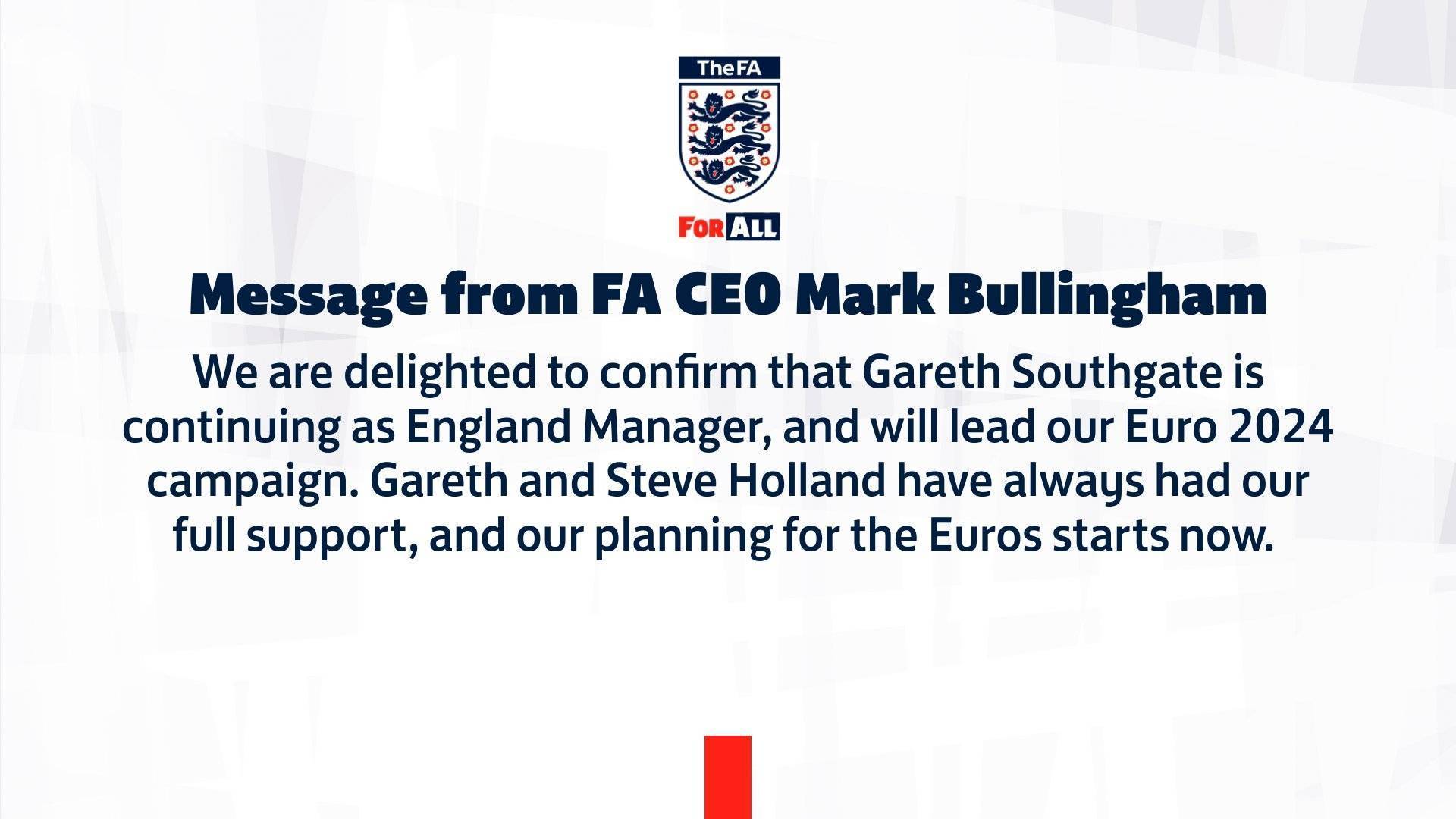 官方：索斯盖特继续担任英格兰主帅，将带队征战2024欧洲杯