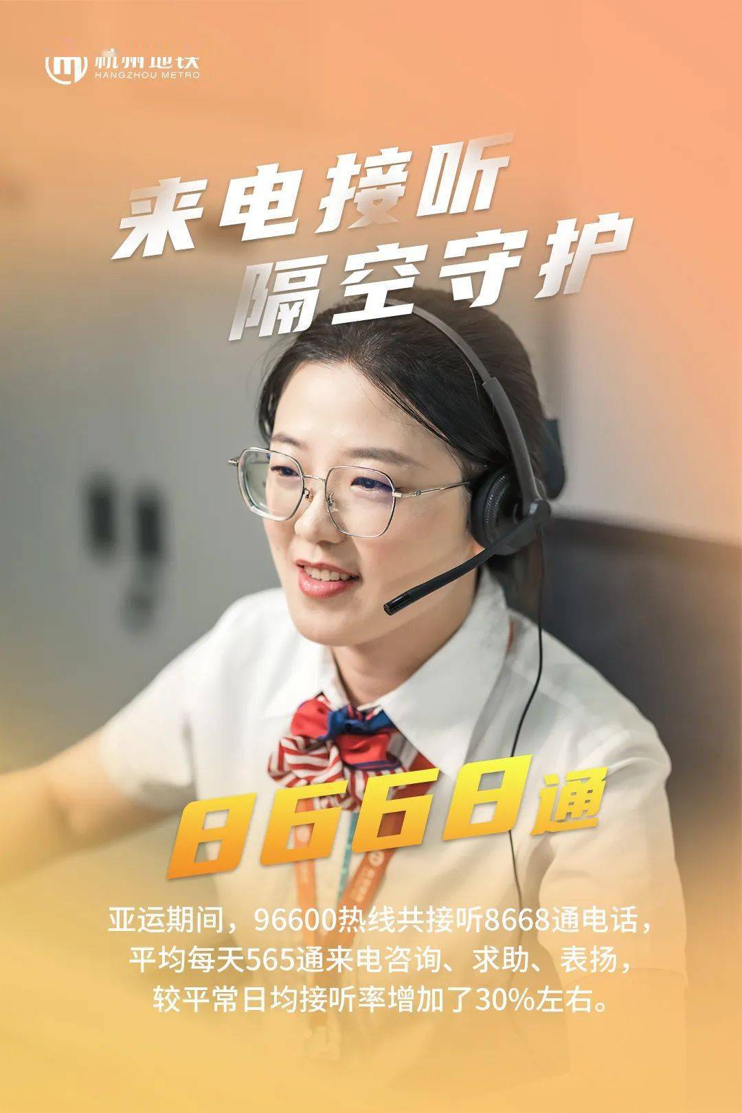 热线信息来电接听 隔空守护亚运期间，96600热线共接听8668通电话，平均每天
