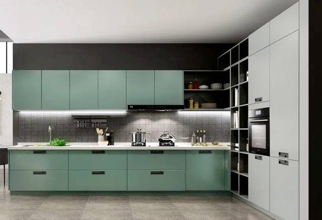 现代简约风格厨房,莫兰迪灰绿的色调搭配,也可以如此上档次
