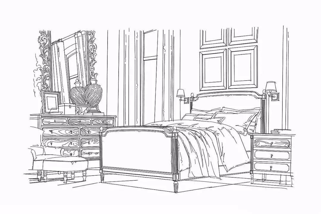 欧式风格室内手绘线稿!
