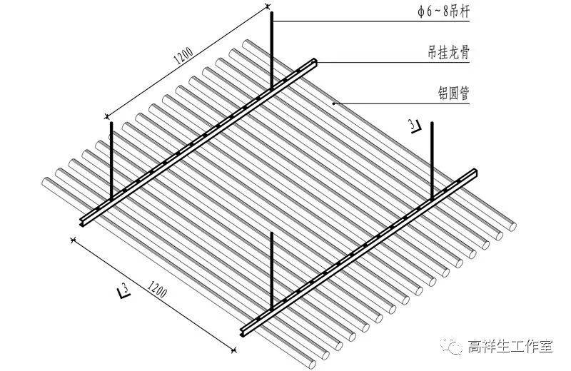 铝圆管吊顶构造示意铝圆管吊顶构造剖面u型挂板与烟感连接u型挂板与