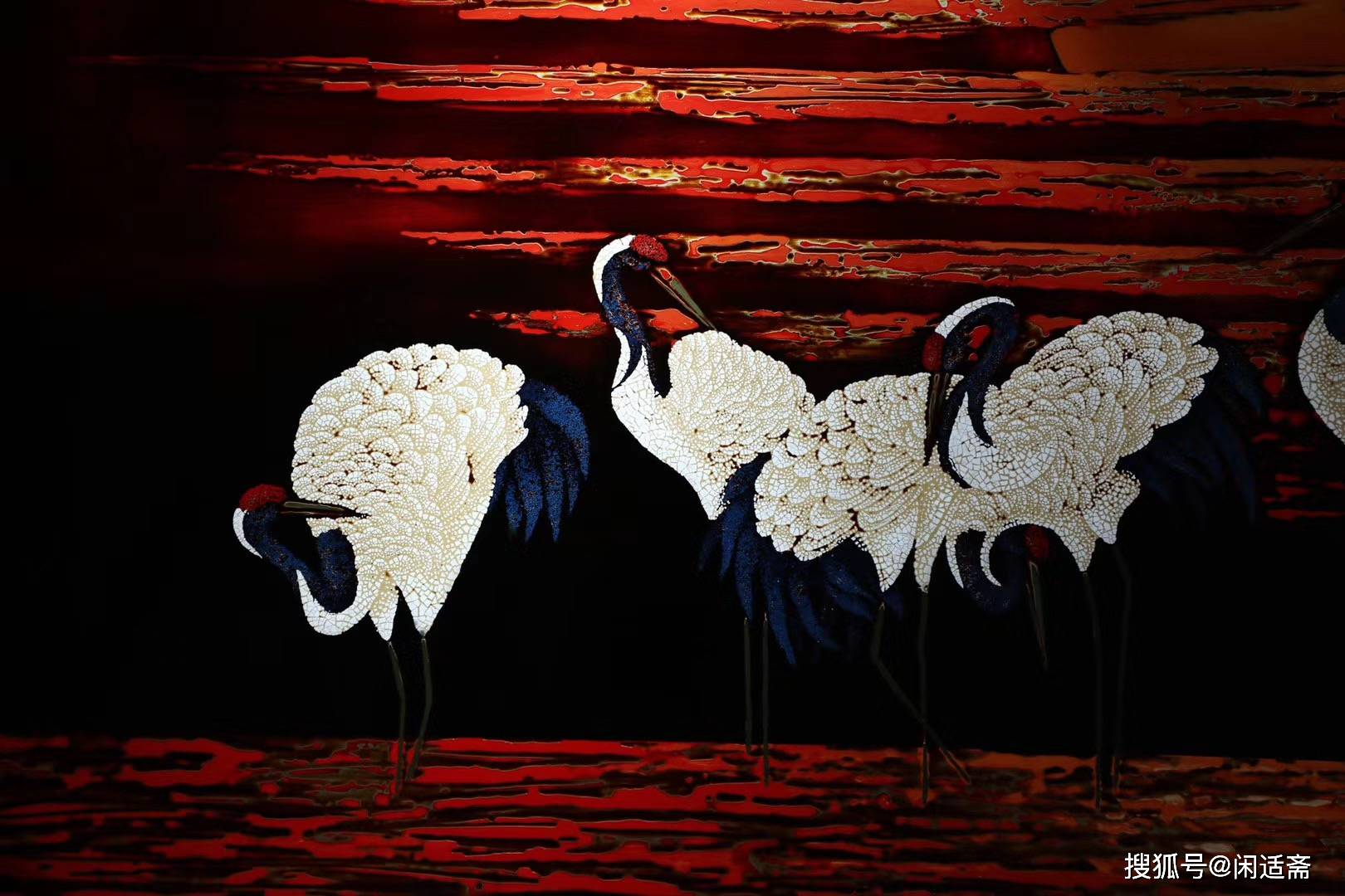 大红酸枝大漆工艺,瑞鹤图晨曦,家装挂屏