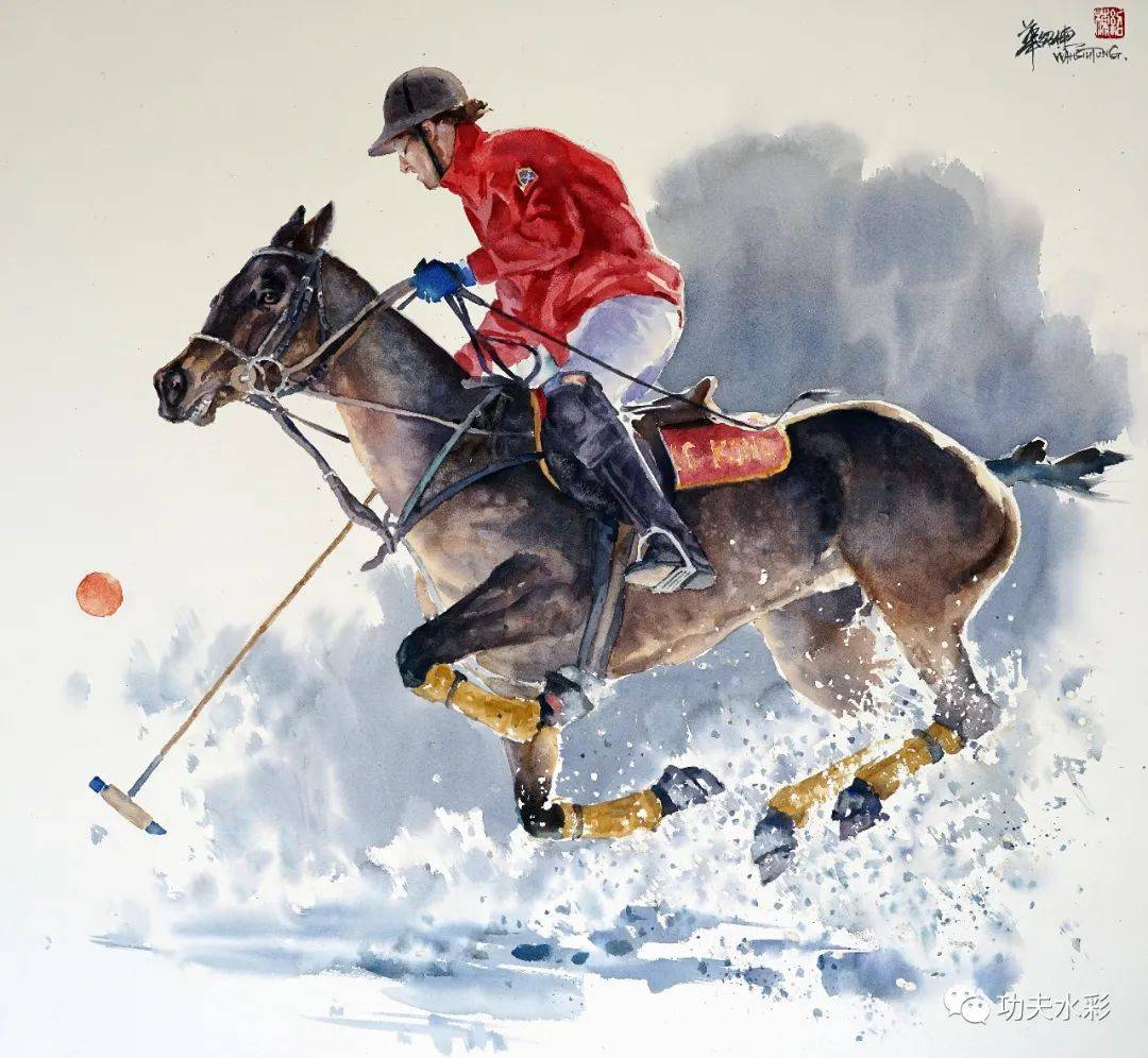 雪地马球之四 / 67x73cm 纸本水彩 艺术简介