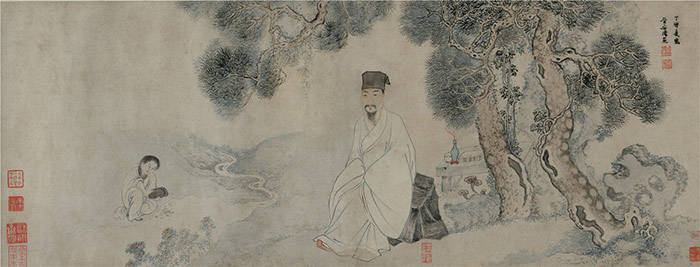 明 曾鲸 《菁林子像》(陈范补景)清 费丹旭 《听泉图》清 陈凤鸣 《砥
