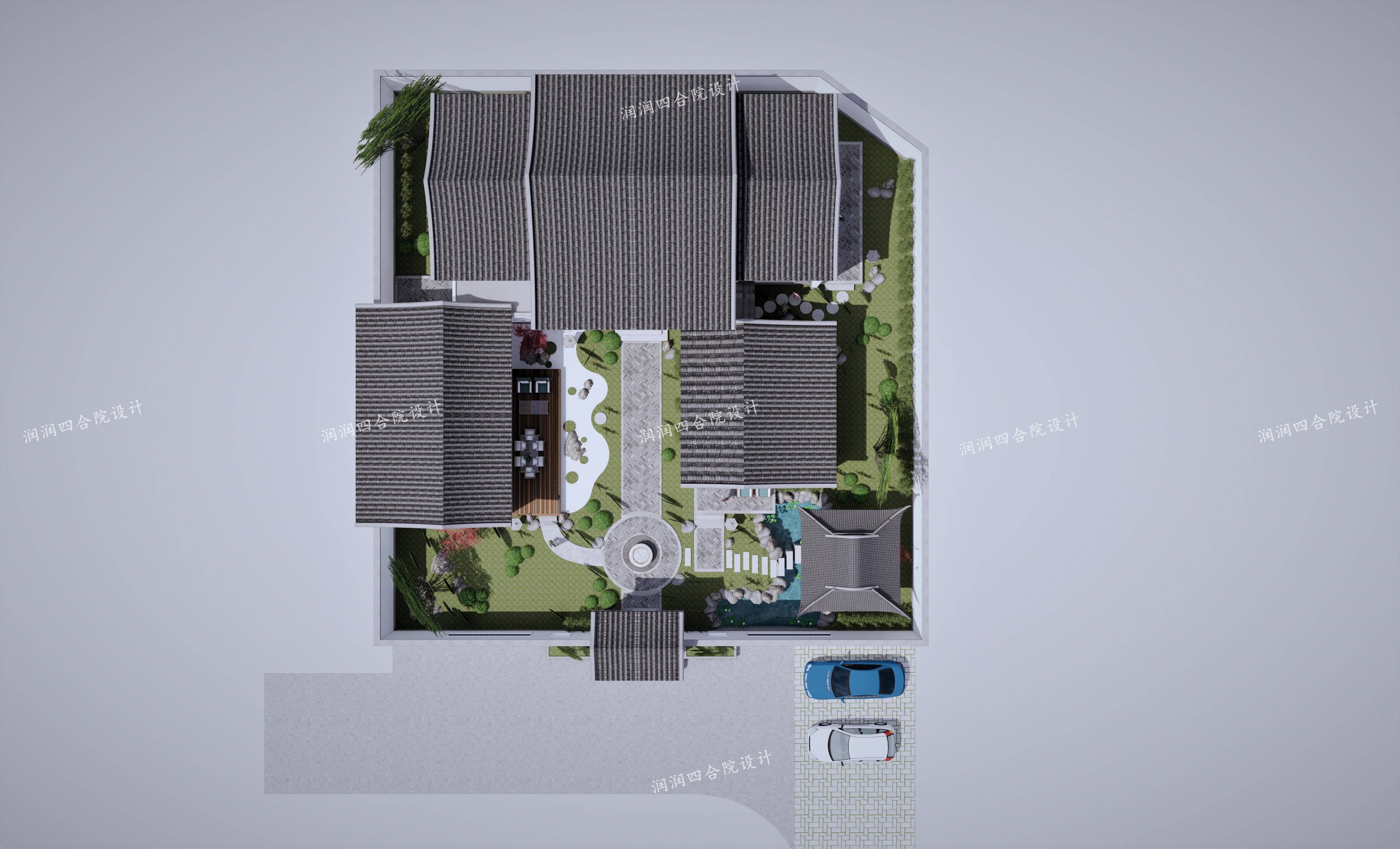 江蘇無錫兩戶合建不對稱兩層現代中式合院潤潤四合院設計劉鷹作品