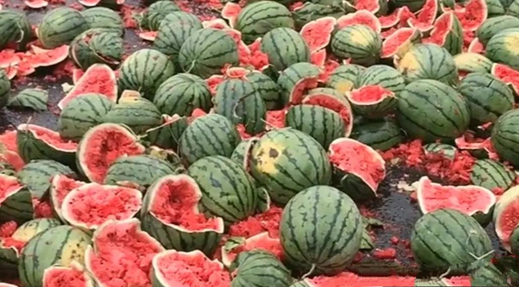 城管驱赶瓜农,不让摆摊,摊贩一怒把西瓜全砸了_女子