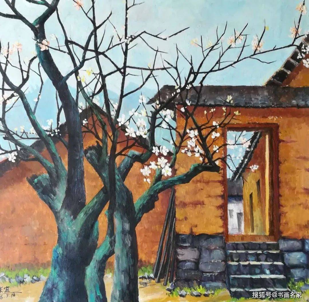 布面油画《门前的杏花树》尺寸:80x80cm