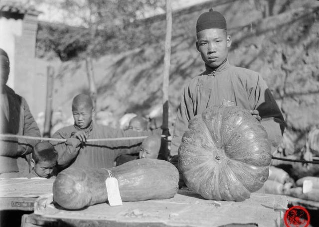民国老照片:少年戴枷 农民种出"模范南瓜"