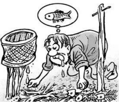 老人手里拿着一个钓鱼杆,鱼篓里有一些鱼.