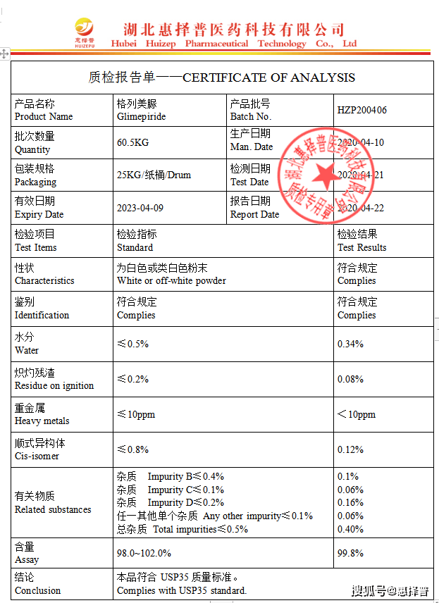 湖北惠擇普醫藥:格列吡嗪原料生產廠家質量檢測報告