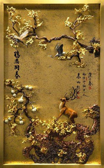 《鹤鹿同春》朱炳仁|熔铜壁画|106*66*5cm《千里江山系列》朱炳仁|冷