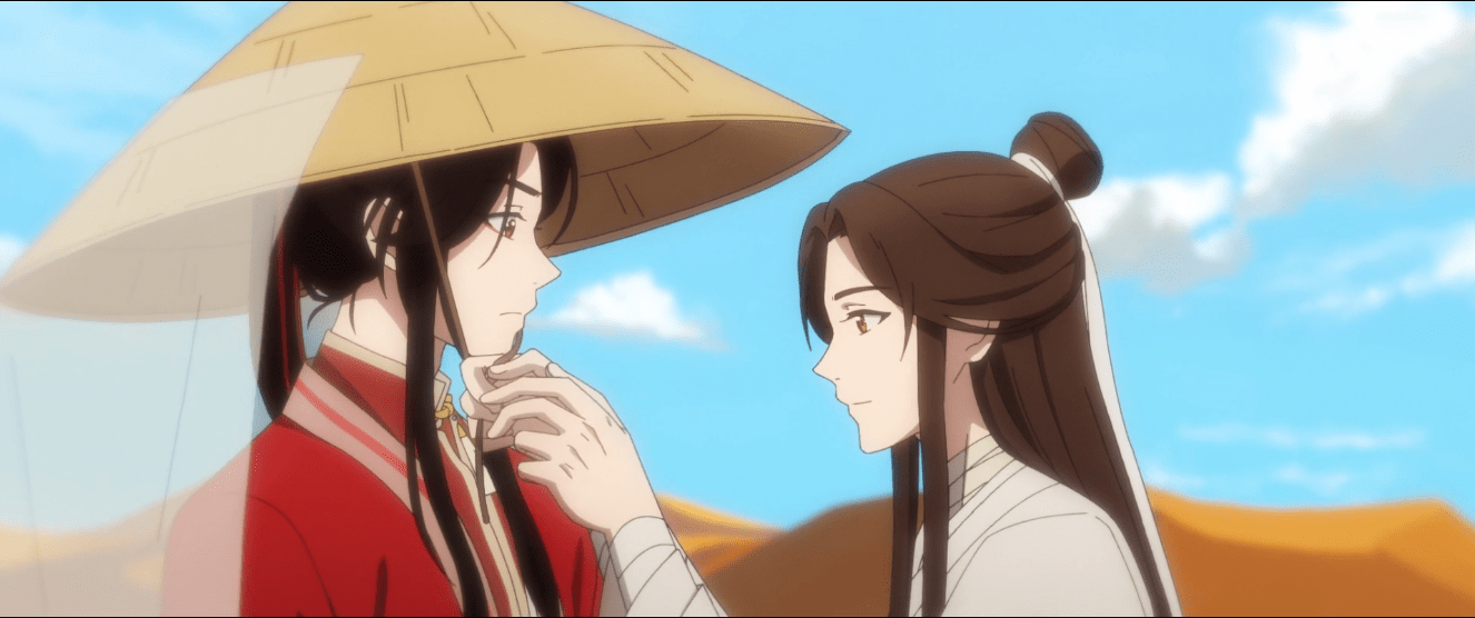 周围的背景是戈壁沙漠,一望无垠,广袤而空旷,谢怜