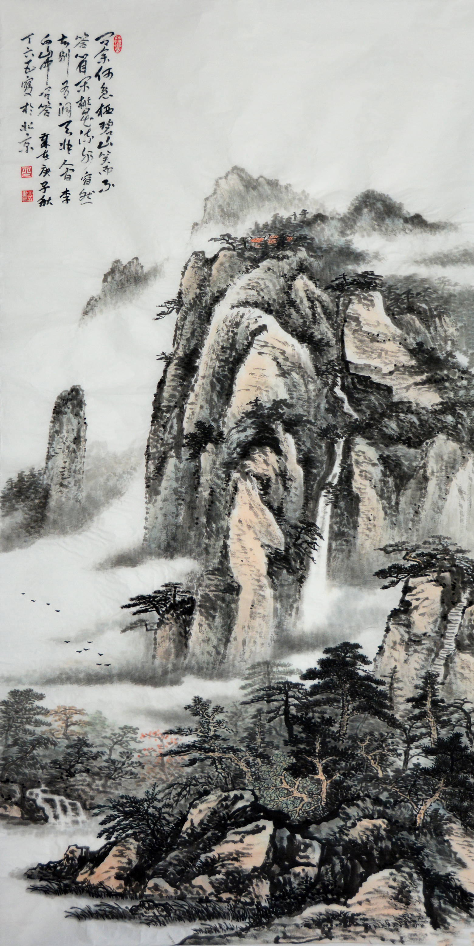 李白《山中問答》詩意圖,小寫意原創作品,尺寸:138x70cm,創作時間