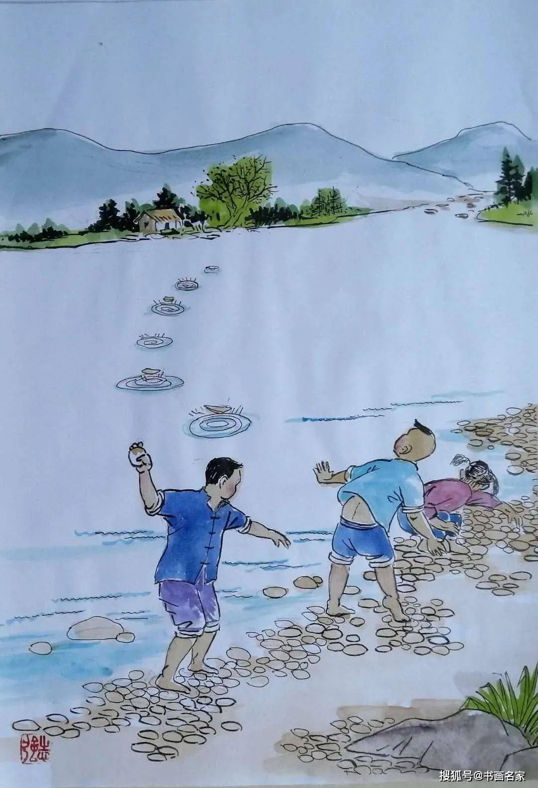 《快乐的童年之十打水漂》尺寸:21x29cm▲《寿星》尺寸:54x38cm