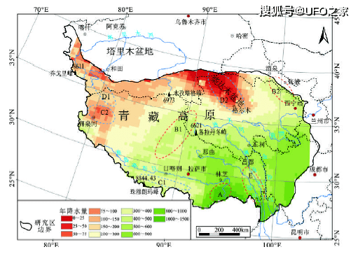 青藏高原東西長度大約2800千米,南北寬度約1300-1500千米,總面積大約