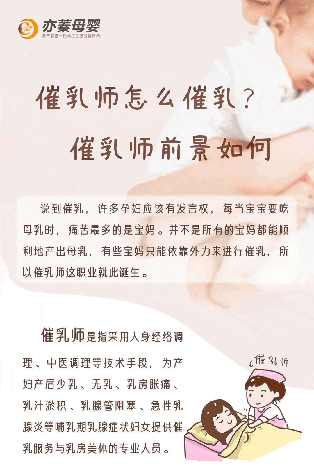 采用人身经络调理,中医调理等技术手段,为产妇产后少乳,无乳,乳房胀痛