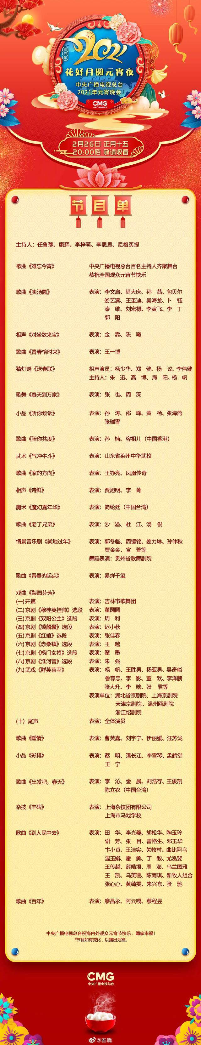 2021年元宵晚会节目单来了