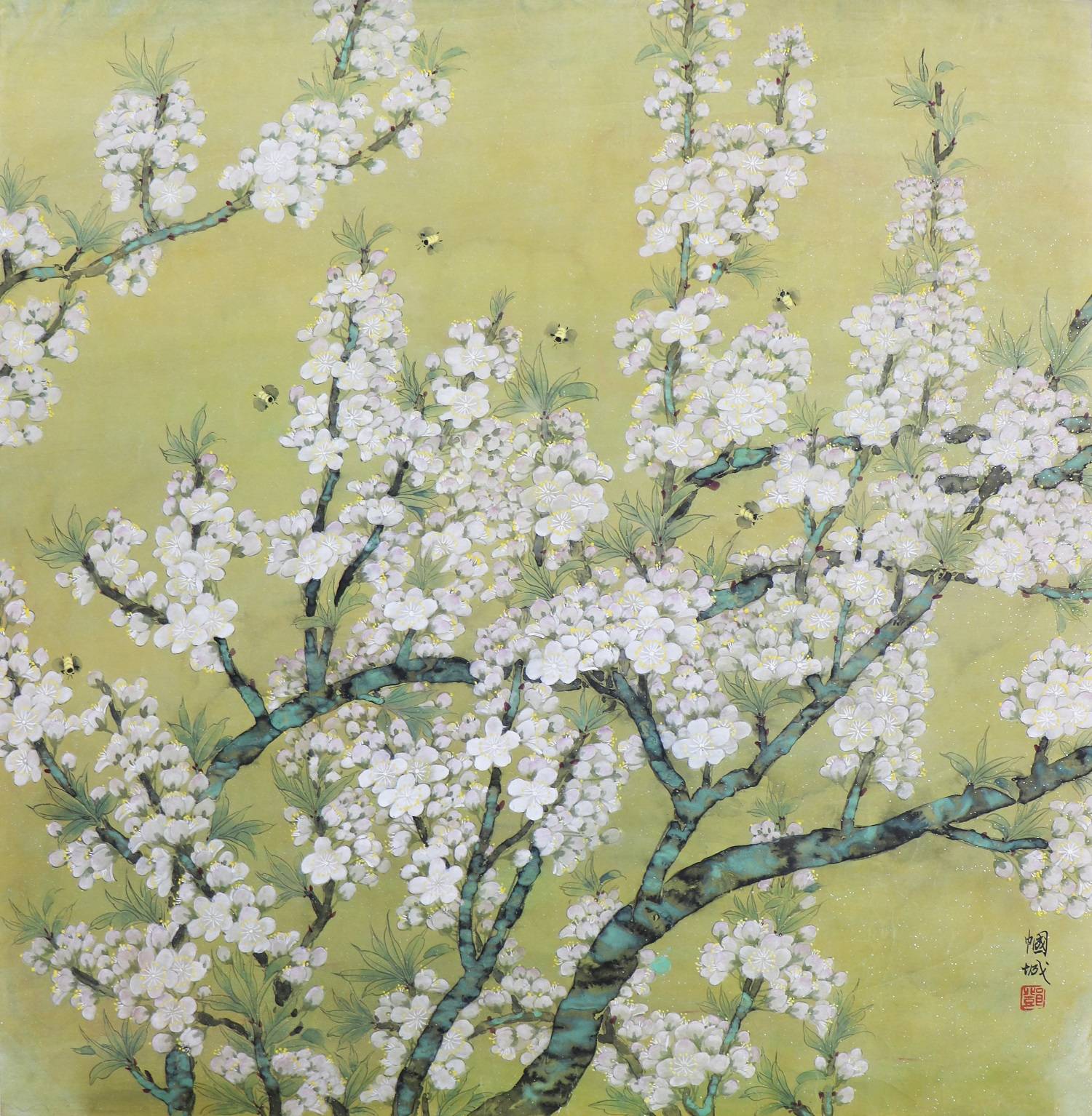 《幽香》131x45cm邓帼城作品《春意盎然》180x180cm李花《幽香》系列