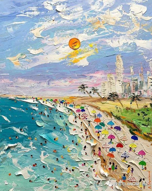 艺术家alenashymchonak在刮刀油画里感受海浪和阳光