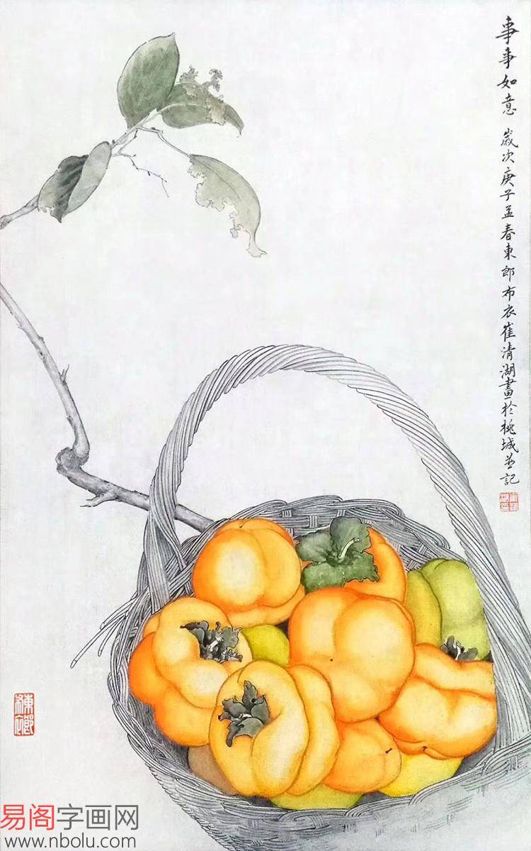 易阁字画网中国画家会把果蔬作为描绘的对象,正如这幅工笔国画柿子图