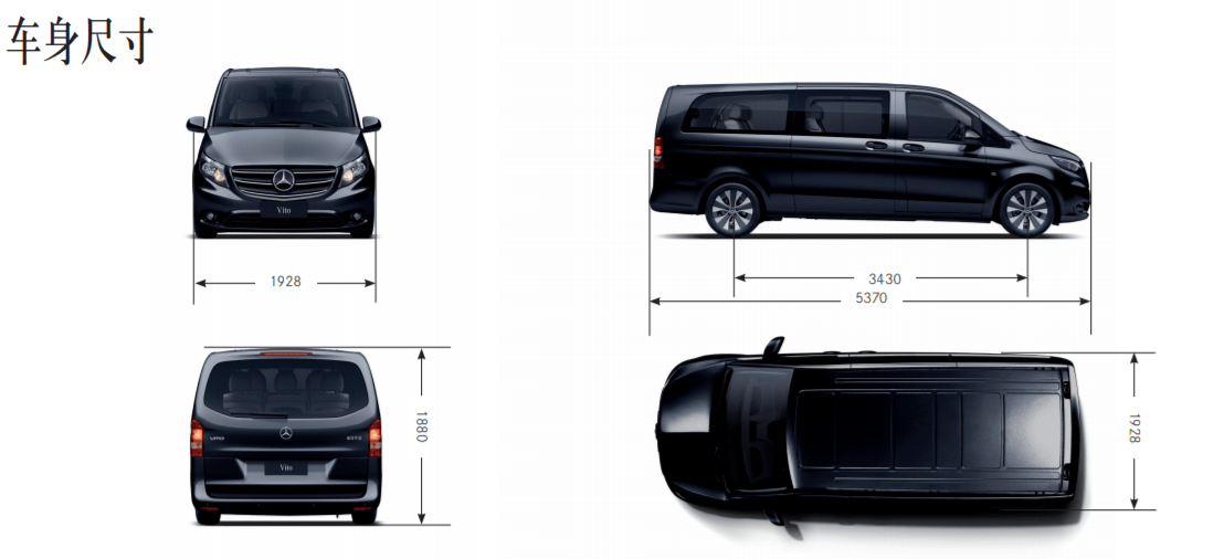 尺寸:21款奔驰威霆长5370mm宽1928mm高1880mm轴距为3430mm(一)外观把