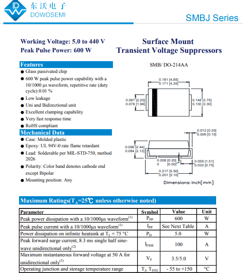 保护|超低漏电流SMBJ6.0CA双向TVS二极管参数