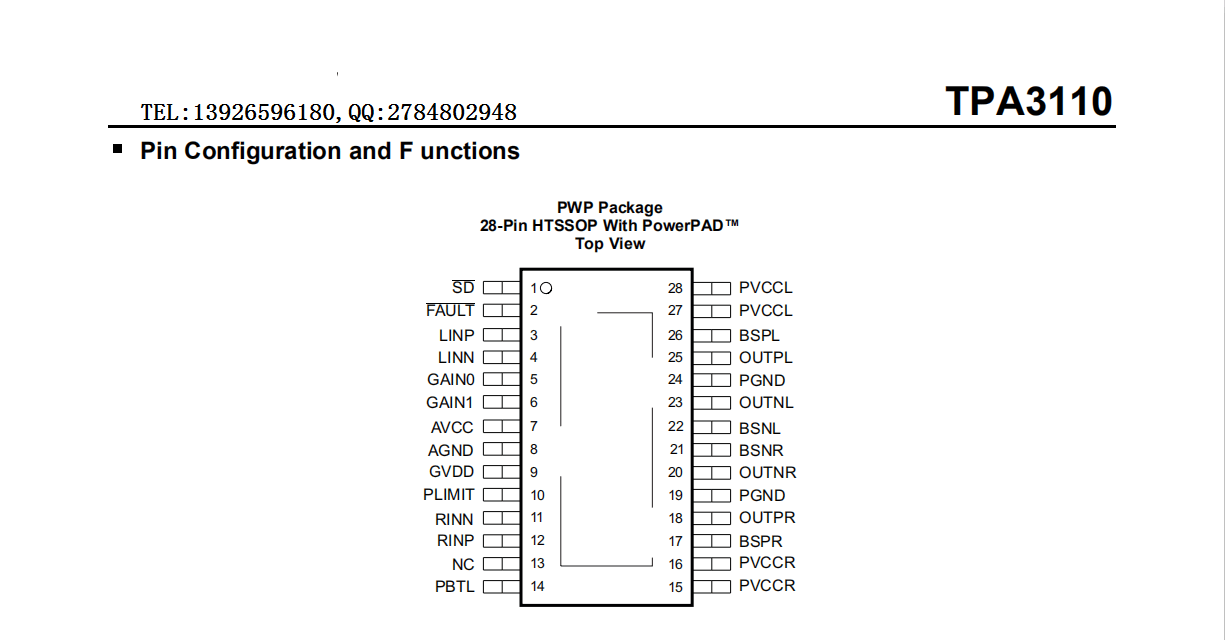tpa3110差分输入2x15w立体声d类音频功放ic