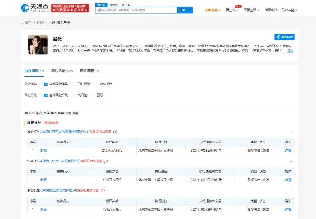 赵薇,又出事了?多家公司股权被冻结!
