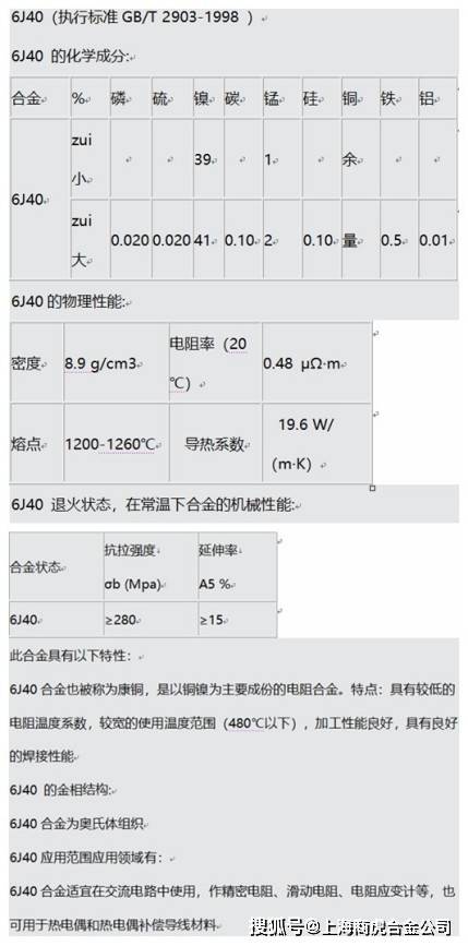 6j40化学成分电阻率6j40康铜 合金