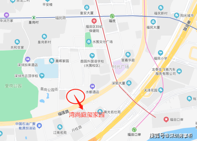 灣尚庭璽家園位於福田區福強路和水圍二街交匯處,臨近皇崗公園,距4號