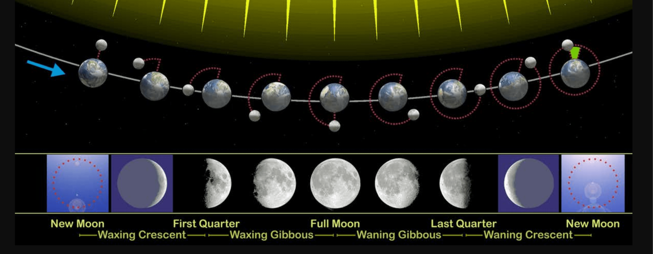 上图:月相对应着你从地球上可以看到的照明面的多少.