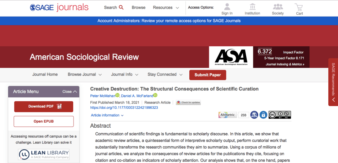 American Sociological Review研究 被综述引用 会让研究性论文总体引用减少 文献