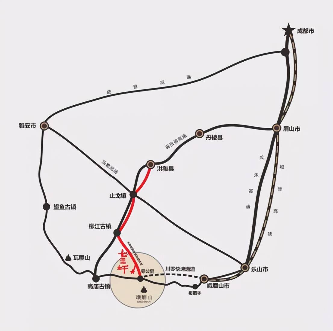 大峨眉国际旅游西环线起于洪雅县,经柳江,七里坪,止于峨眉山零公里,总