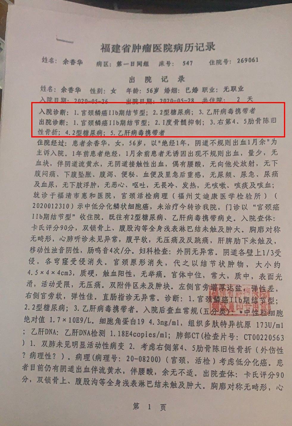 福清市57岁母亲余香华确诊宫颈癌后续的治疗急需大家的帮助